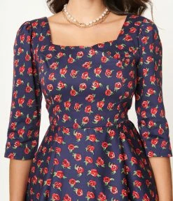 SHEEN Clothing Ltd Navy & Red Rose Print Isabella Swing Dress Sale