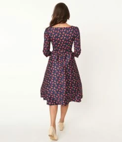 SHEEN Clothing Ltd Navy & Red Rose Print Isabella Swing Dress Sale