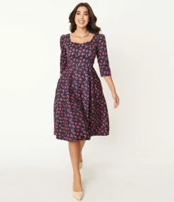 SHEEN Clothing Ltd Navy & Red Rose Print Isabella Swing Dress Sale