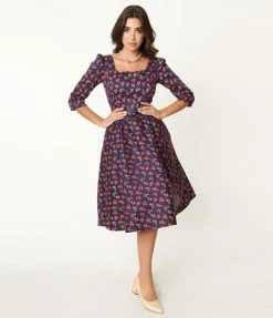 SHEEN Clothing Ltd Navy & Red Rose Print Isabella Swing Dress Sale