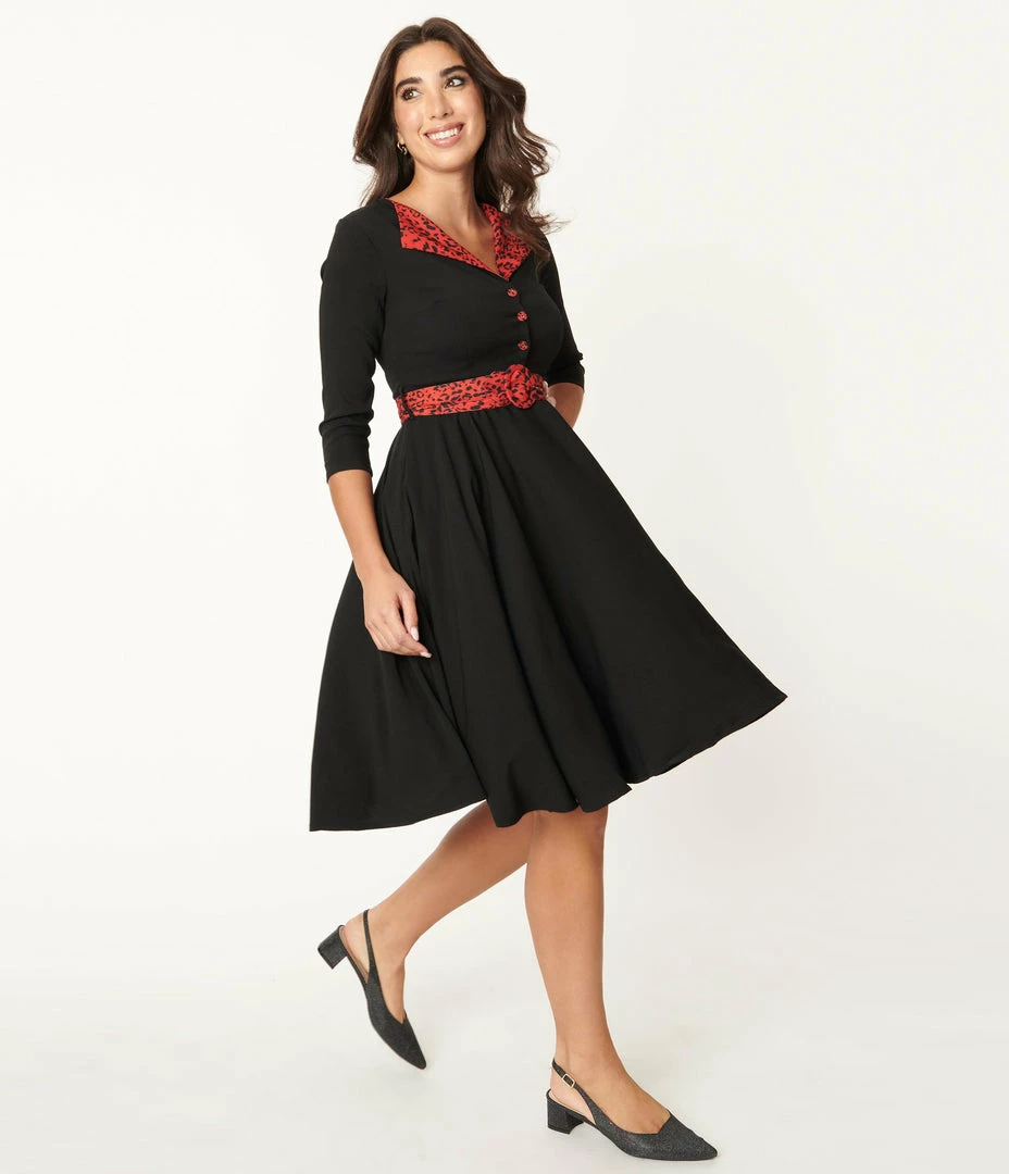 SHEEN Clothing Ltd Black & Red Leopard Accent Lynette Swing Dress Sale