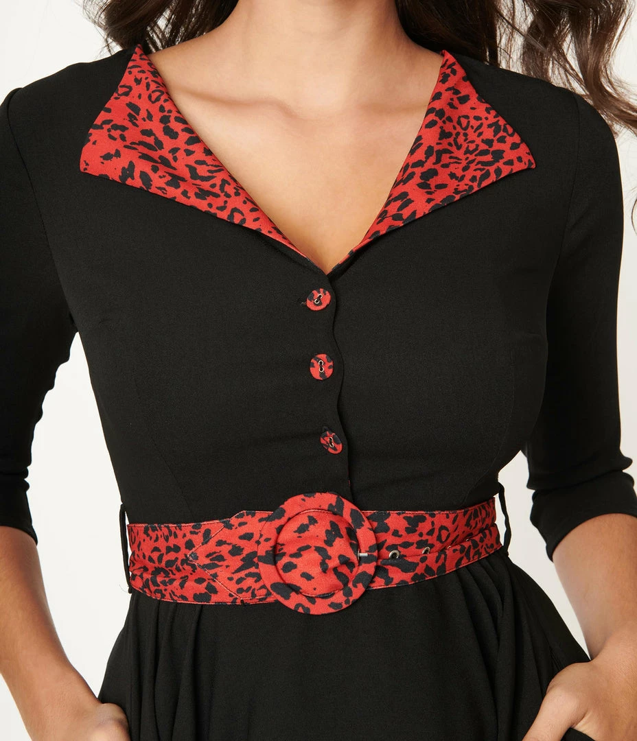 SHEEN Clothing Ltd Black & Red Leopard Accent Lynette Swing Dress Sale