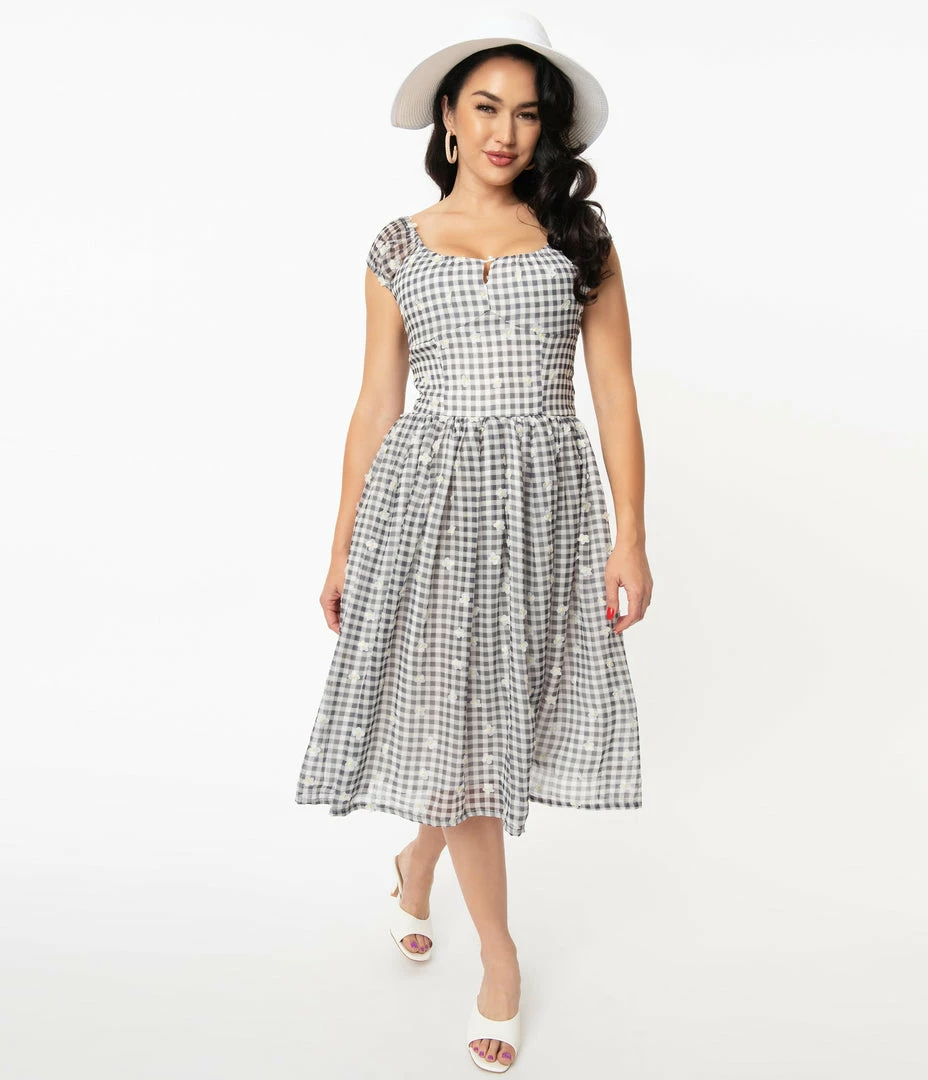 Magnolia Place Black & White Gingham Daisy Swing Dress Sale