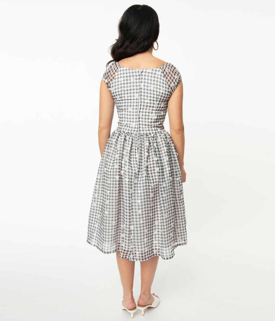 Magnolia Place Black & White Gingham Daisy Swing Dress Sale