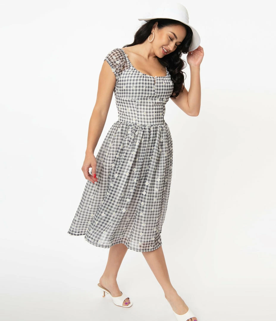 Magnolia Place Black & White Gingham Daisy Swing Dress Sale