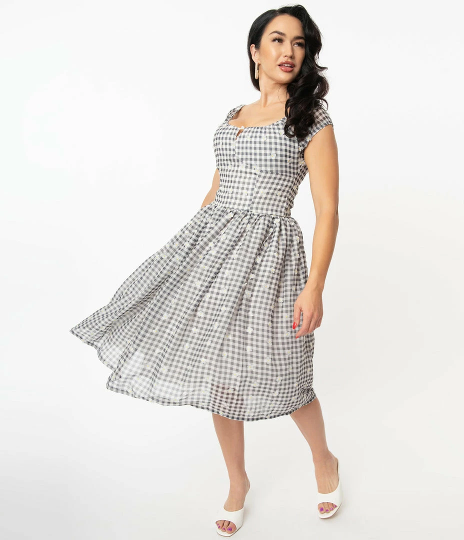Magnolia Place Black & White Gingham Daisy Swing Dress Sale