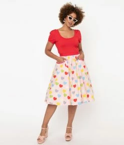 Unique Vintage Pink & Multicolor Hearts Print Susannah Swing Skirt