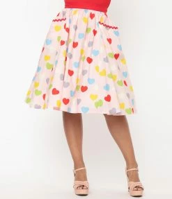 Unique Vintage Pink & Multicolor Hearts Print Susannah Swing Skirt