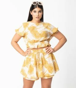 Allie Rose By Ember Retro Style Cream & Mustard Palm Print Crop Blouse Sale