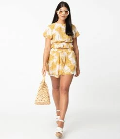 Allie Rose By Ember Retro Style Cream & Mustard Palm Print Crop Blouse Sale