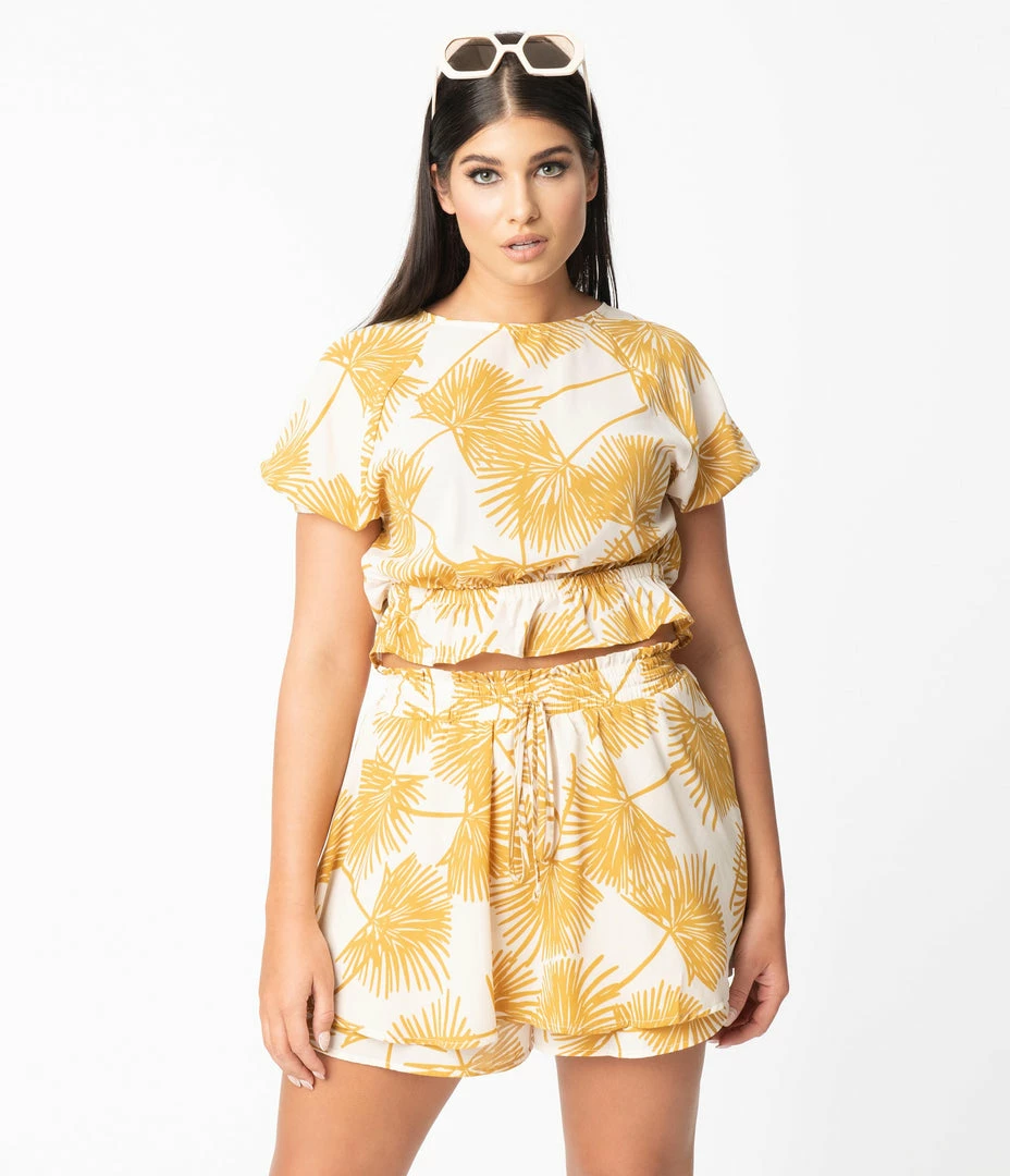 Allie Rose By Ember Retro Style Cream & Mustard Palm Print Crop Blouse Sale