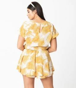 Allie Rose By Ember Retro Style Cream & Mustard Palm Print Tropical Skort