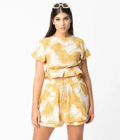 Allie Rose By Ember Retro Style Cream & Mustard Palm Print Tropical Skort