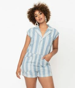 VERY J Sale Retro Style Light Denim Striped Romper