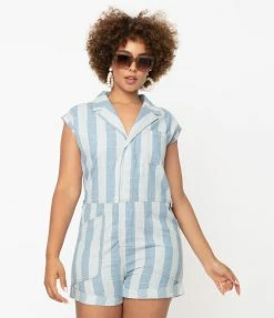VERY J Sale Retro Style Light Denim Striped Romper