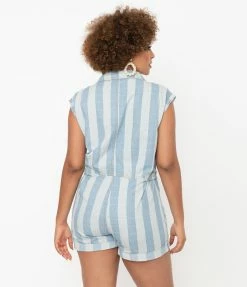 VERY J Sale Retro Style Light Denim Striped Romper