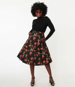 Collectif Black & Red Deathly Apples Cassie Swing Skirt Sale