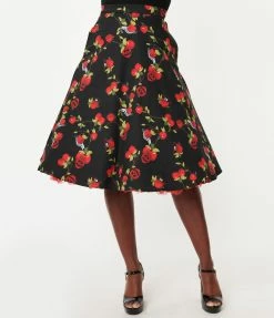 Collectif Black & Red Deathly Apples Cassie Swing Skirt Sale
