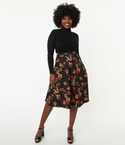Collectif Black & Red Deathly Apples Cassie Swing Skirt Sale