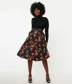 Collectif Black & Red Deathly Apples Cassie Swing Skirt Sale