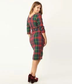Collectif Green & Purple Plaid Wiggle Dress