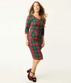 Collectif Green & Purple Plaid Wiggle Dress