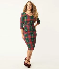 Collectif Green & Purple Plaid Wiggle Dress