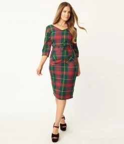 Collectif Green & Purple Plaid Wiggle Dress