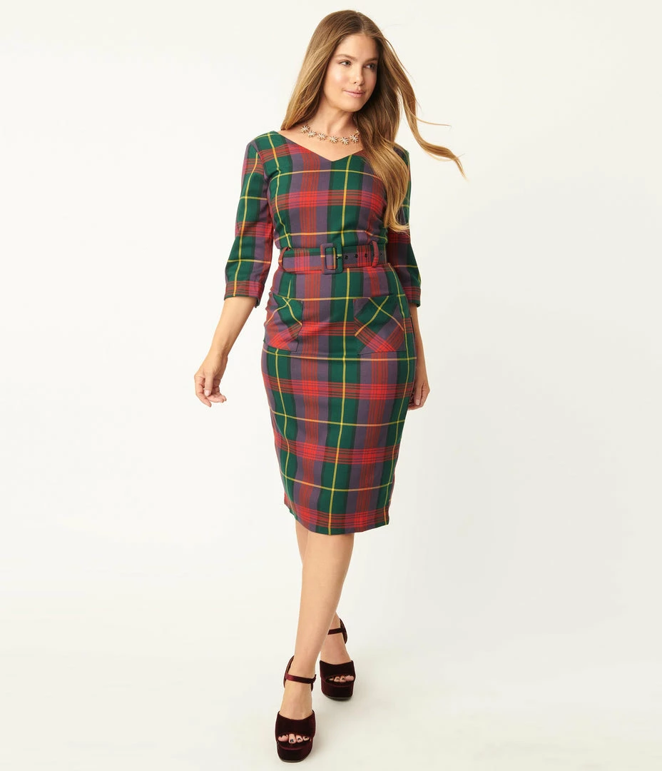 Collectif Green & Purple Plaid Wiggle Dress