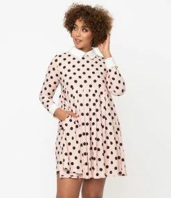 Sale Unique Vintage Pink & Black Polka Dots Peggy Babydoll Dress