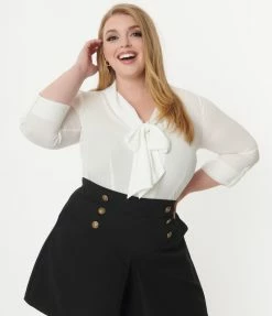 Clothing Unique Vintage Plus Size White Bow Olivia Blouse