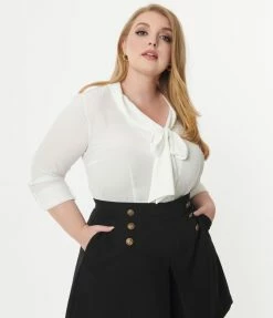 Clothing Unique Vintage Plus Size White Bow Olivia Blouse