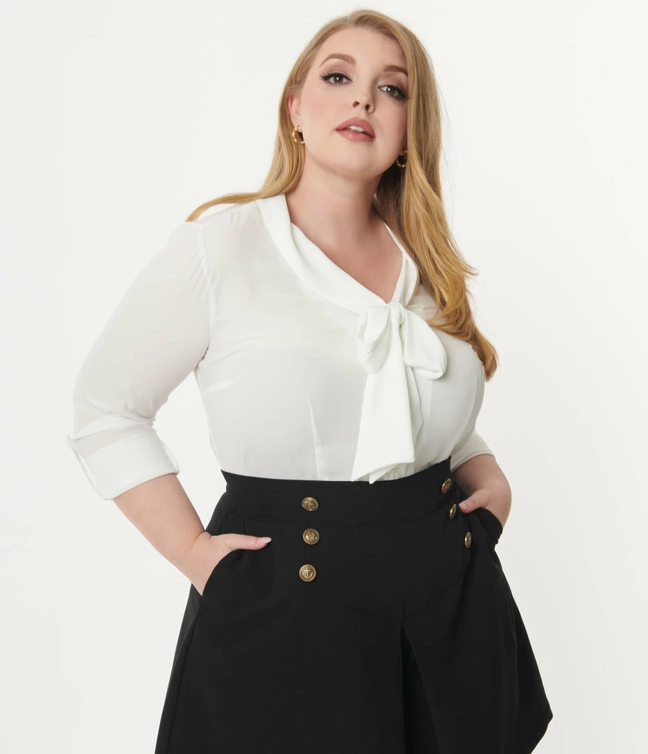 Clothing Unique Vintage Plus Size White Bow Olivia Blouse
