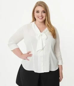 Clothing Unique Vintage Plus Size White Bow Olivia Blouse