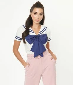 Unique Vintage White & Navy Candy Sailor Blouse Sale