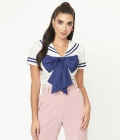 Unique Vintage White & Navy Candy Sailor Blouse Sale
