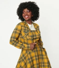 Hell Bunny Mustard & Navy Plaid Wither Crop Jacket