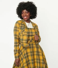 Hell Bunny Mustard & Navy Plaid Wither Crop Jacket