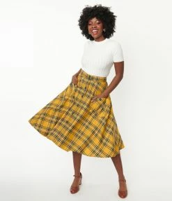 Hell Bunny Mustard & Navy Plaid Swing Skirt