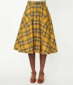 Hell Bunny Mustard & Navy Plaid Swing Skirt