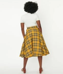 Hell Bunny Mustard & Navy Plaid Swing Skirt