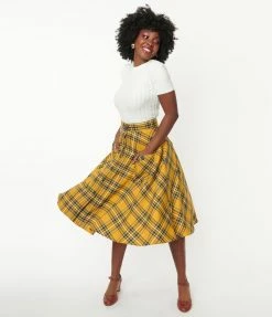 Hell Bunny Mustard & Navy Plaid Swing Skirt