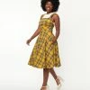 Hell Bunny Mustard & Navy Plaid Pinafore Dress Sale