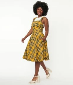 Hell Bunny Mustard & Navy Plaid Pinafore Dress Sale
