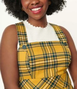 Hell Bunny Mustard & Navy Plaid Pinafore Dress Sale