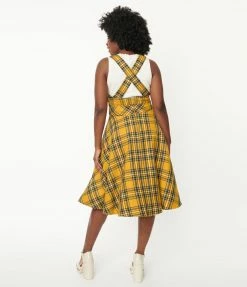 Hell Bunny Mustard & Navy Plaid Pinafore Dress Sale