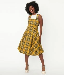 Hell Bunny Mustard & Navy Plaid Pinafore Dress Sale