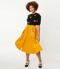 Sale Hell Bunny Mustard Corduroy Jeanette Swing Skirt