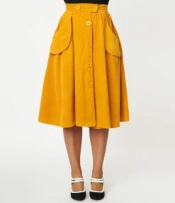 Sale Hell Bunny Mustard Corduroy Jeanette Swing Skirt