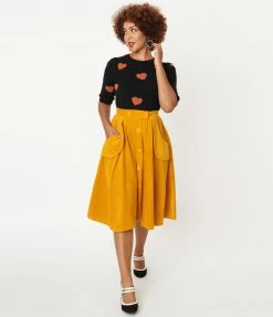 Sale Hell Bunny Mustard Corduroy Jeanette Swing Skirt